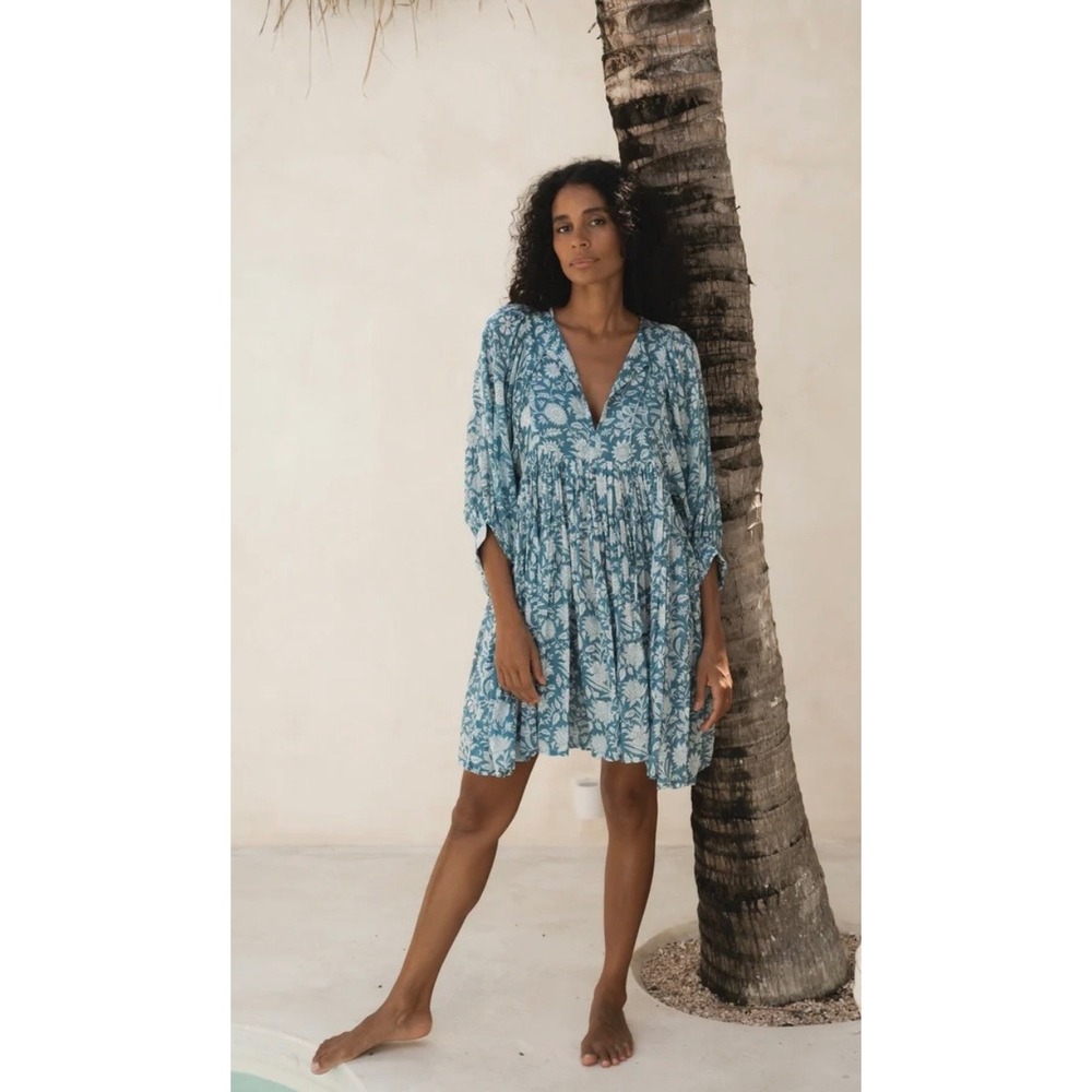 NWT Daughters of India Kyra Mini Dress Womens XS Ocean Blue Floral Boho Babydoll